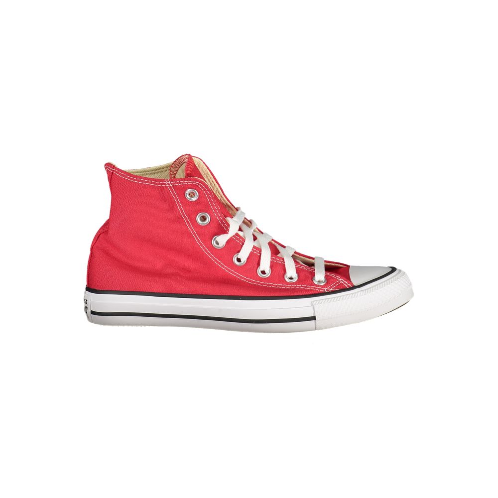 Converse Red Polyester Sneaker, unisex high sports shoe with laces, featuring a contrast sole and logo.