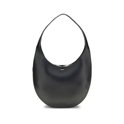 Coperni Black Leather Shoulder Bag with smooth hobo silhouette and futuristic zip closure, featuring contrasting logo on front.
