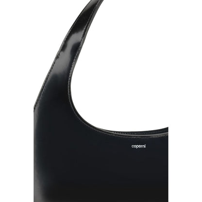 Coperni Black Leather Swipe Baguette Shoulder Bag with smooth matte finish and elegant design.