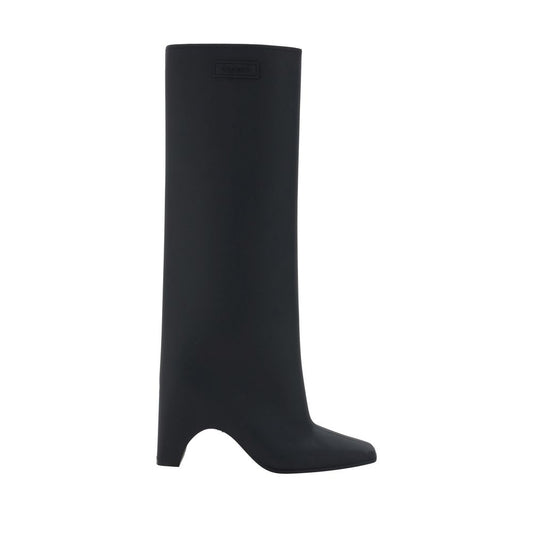 Coperni Black Rubber Over The Knee boots with geometric heel, square toe, and monogram detail, showcasing contemporary style and design.