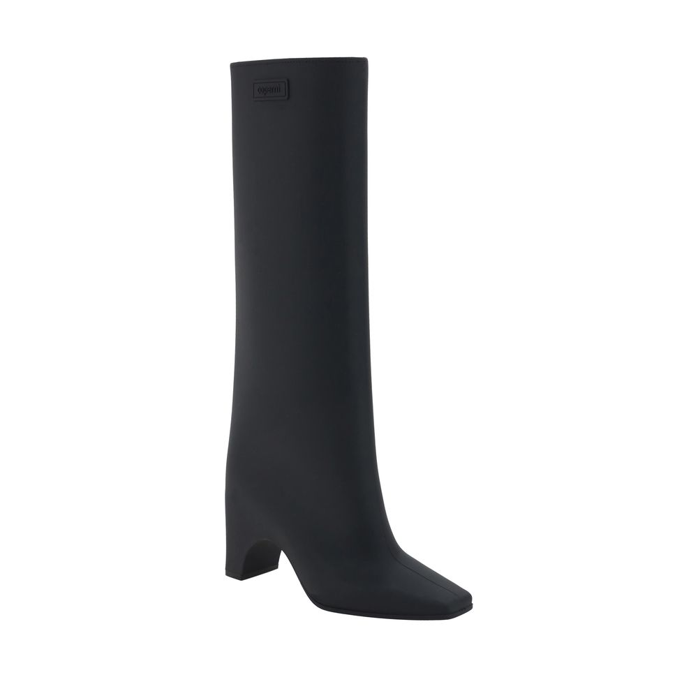 Coperni Black Rubber Over The Knee high fashion boots with square toe and geometric heel, featuring the iconic brand monogram.
