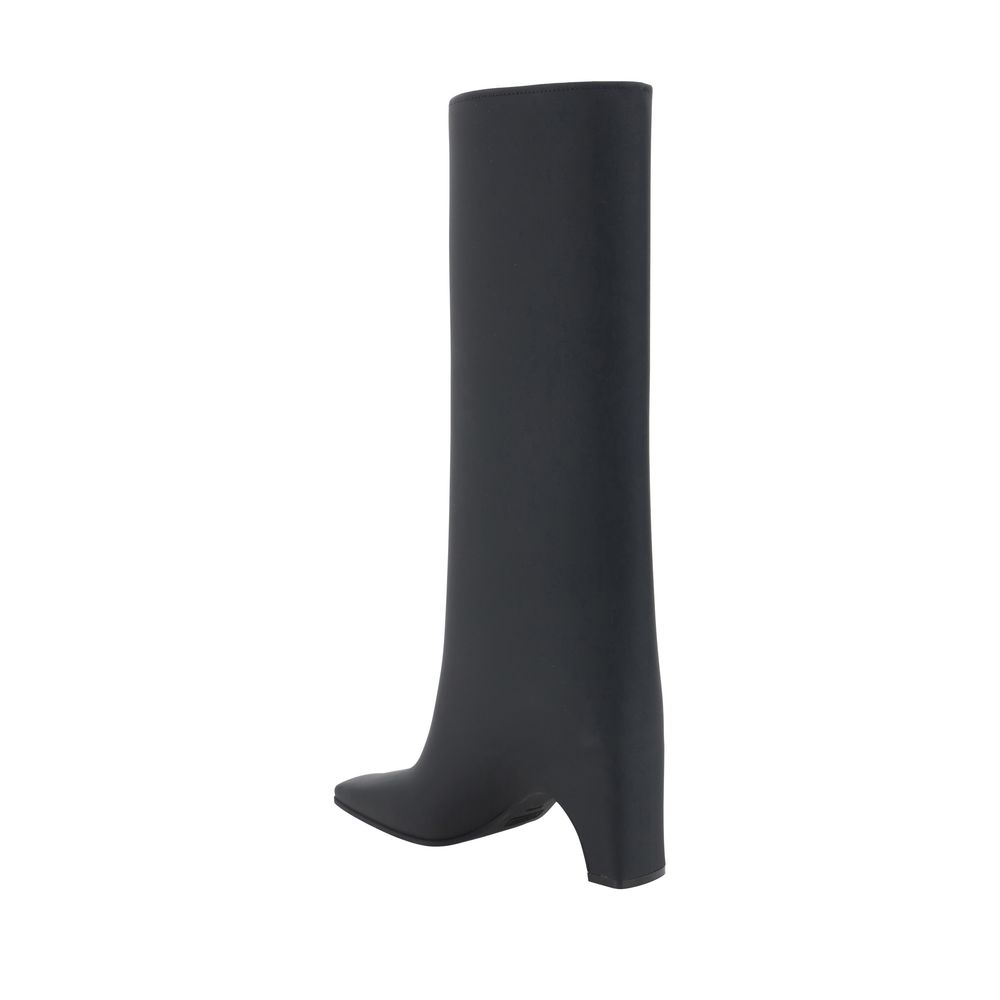 Alt Tag: Coperni Black Rubber Over The Knee boots with square toe design and geometric heel, featuring a sleek silhouette and iconic monogram.