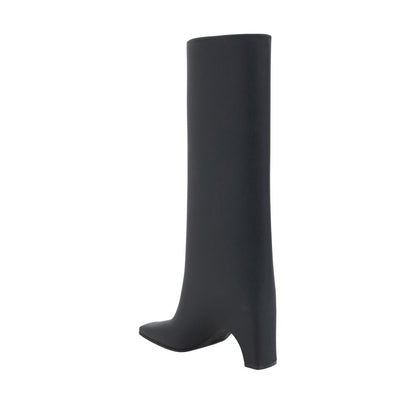 Alt Tag: Coperni Black Rubber Over The Knee boots with square toe design and geometric heel, featuring a sleek silhouette and iconic monogram.