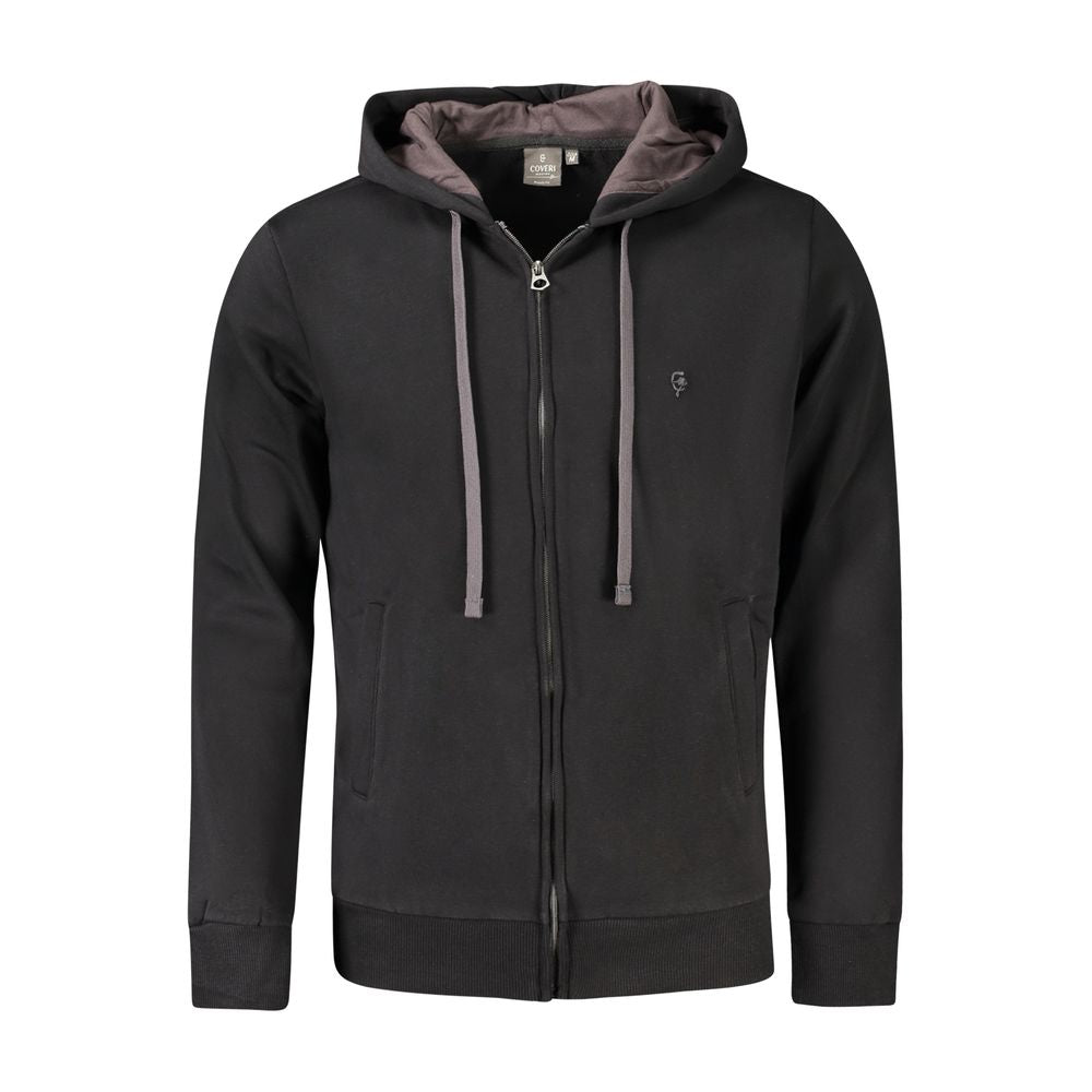 Coveri Moving Black Cotton Men Sweater with hood, zip, and logo embroidery, perfect for casual wear and made from durable cotton polyester blend.