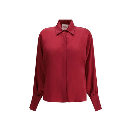 Crida Milano Multicolor Silk Shirt with elegant high collar and satin texture, showcasing minimalist elegance in vibrant red.