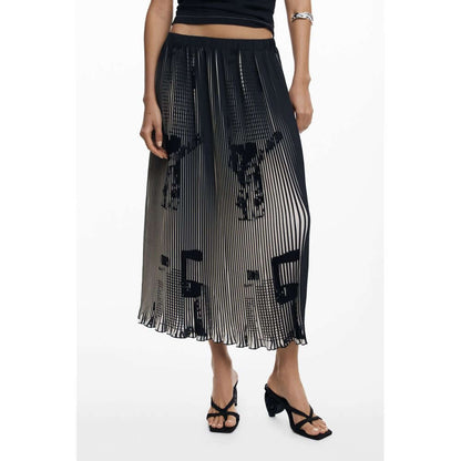 Desigual Black Polyester Women Skirt with pleated design and newspaper motifs, featuring an elastic waist for chic comfort.