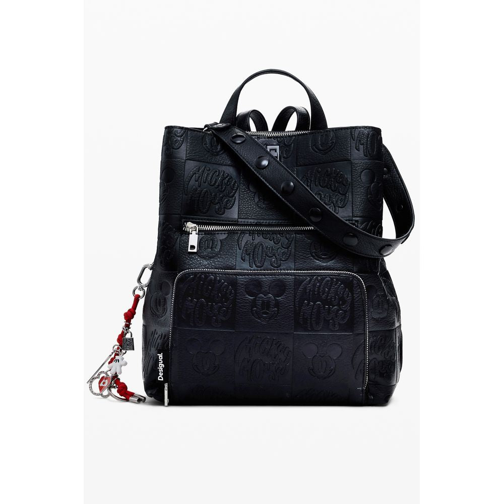 Desigual Black Polyethylene Women Backpack with urban-chic design, contrasting relief prints, and Desigual logo, featuring adjustable straps.