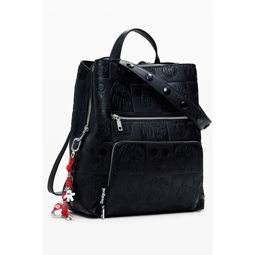 Desigual Black Polyethylene Women Backpack with urban-chic design and edgy Mickey relief prints, featuring adjustable straps and logo.