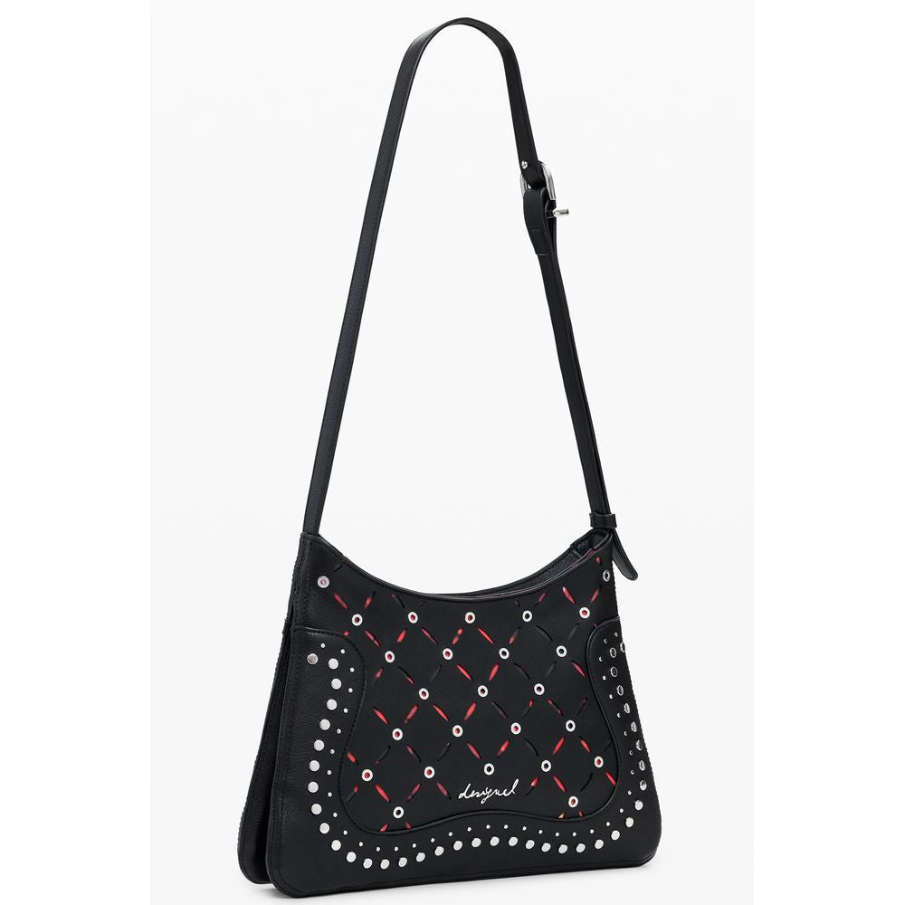 Desigual Black Polyethylene Women Handbag with adjustable strap, studded details, and contrasting design.