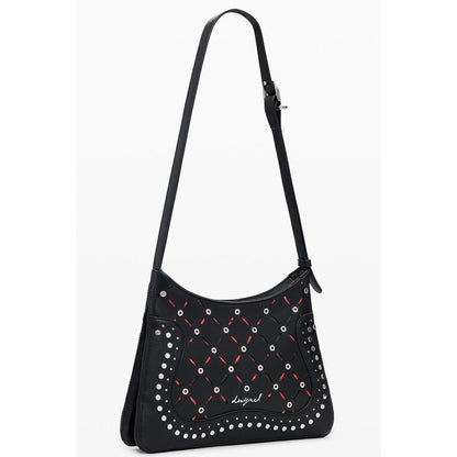 Desigual Black Polyethylene Women Handbag with adjustable strap, studded details, and contrasting design.