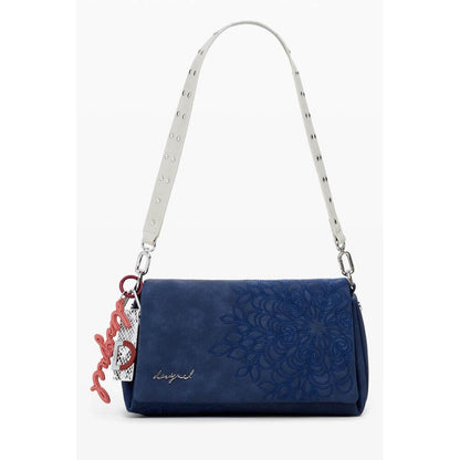 Desigual Blue Polyethylene Women Handbag with floral embroidery and removable strap.