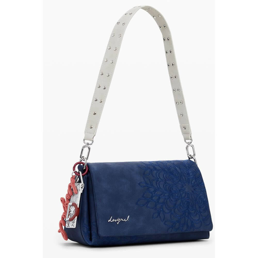 Desigual Blue Polyethylene Women Handbag with floral patterns, removable handle, and adjustable strap showcasing creativity and functionality.