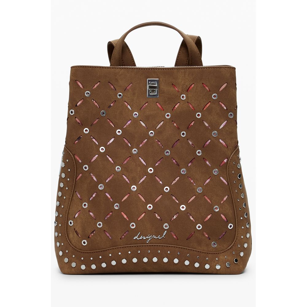 Desigual Brown Polyethylene Women Backpack with studded details and multiple compartments for stylish and practical use.