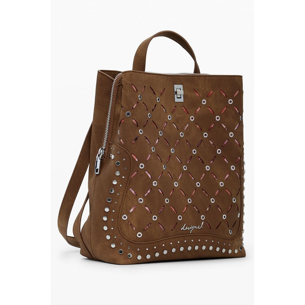Desigual Brown Polyethylene Women Backpack with studded accents and multiple compartments for stylish and practical use.