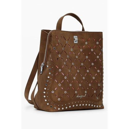Desigual Brown Polyethylene Women Backpack with studded accents and multiple compartments for stylish and practical use.