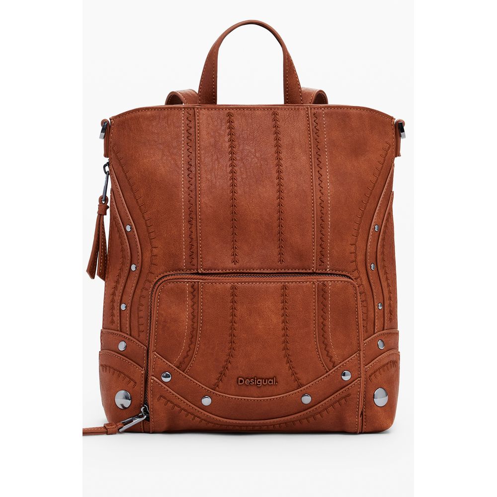 Desigual Brown Polyethylene Women Mini Backpack with embroidery and zippers, featuring adjustable straps and removable handle for versatility.