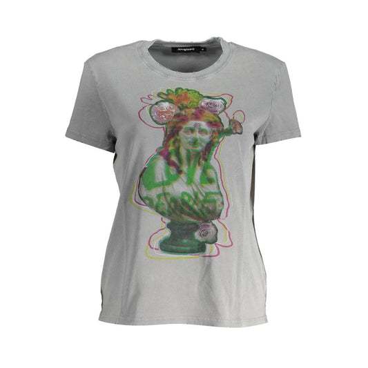 Desigual Gray Cotton Women T-Shirt with artistic graphic and vibrant design, illustrating iconic brand style and comfort.