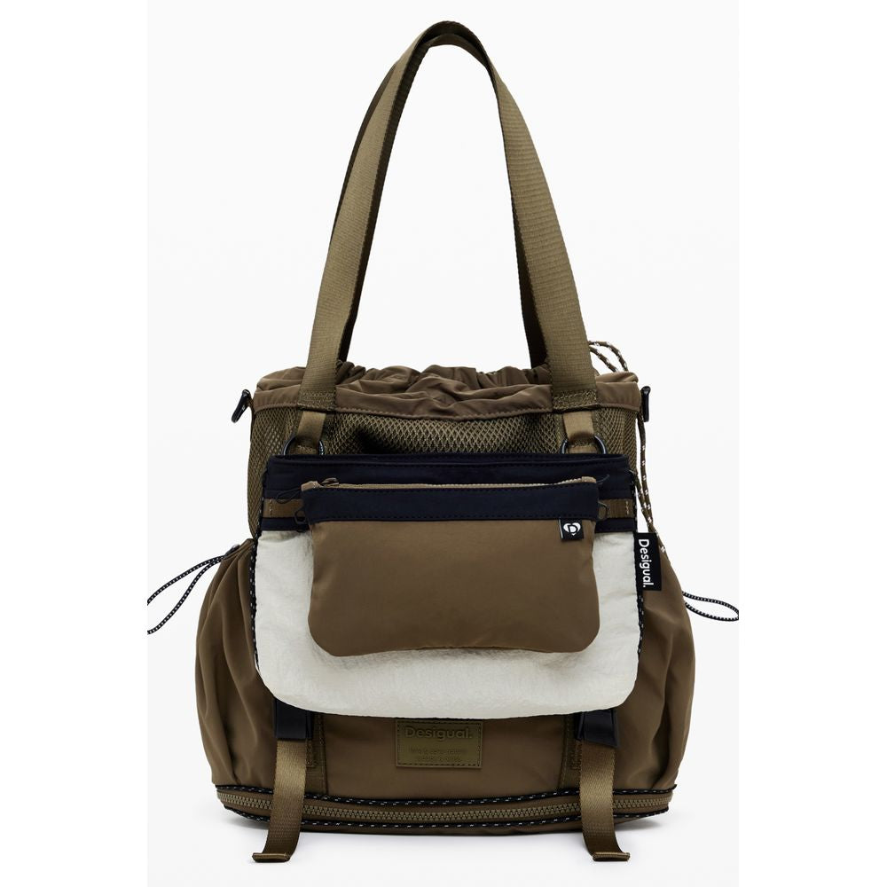 Desigual Green Polyester Women Convertible Handbag with multiple straps, front pocket, transforming from handbag to backpack.