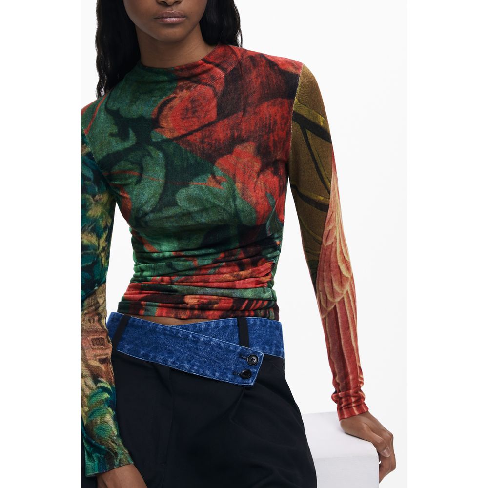 Desigual Green Viscose Women Sweater with patterned long sleeves and vibrant design from Lacroix Jersey collection, modern and chic style.