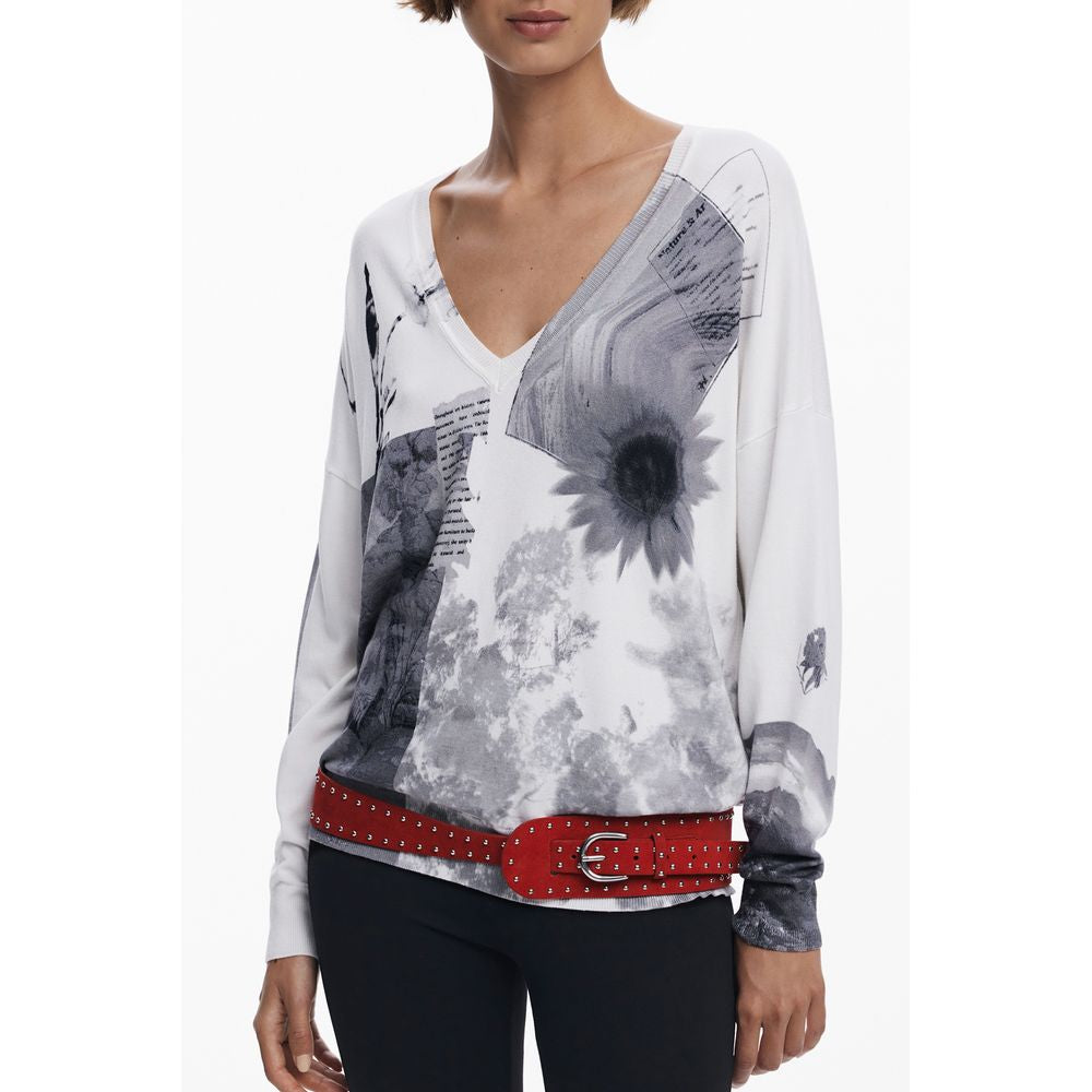 Desigual White Viscose Women Sweater with V-neck and bold patterns, featuring red belt accent and Desigual logo.