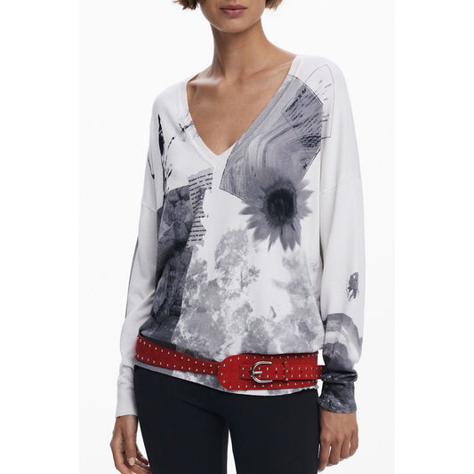 Desigual White Viscose Women Sweater with V-neck and bold patterns, featuring red belt accent and Desigual logo.