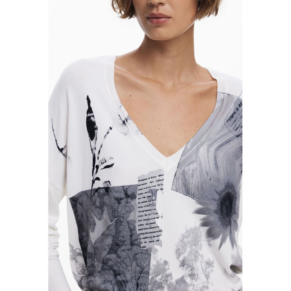 Model wearing Desigual White Viscose Women Sweater with V-neck and artistic patterns.