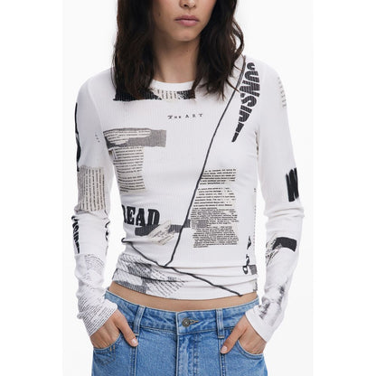 Desigual White Viscose Women T-Shirt with newspaper pattern and crew neck, long sleeves, worn by woman in jeans, showcasing bold style.
