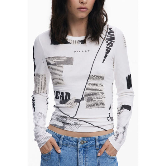 Desigual White Viscose Women T-Shirt with newspaper pattern and crew neck, long sleeves, worn by woman in jeans, showcasing bold style.