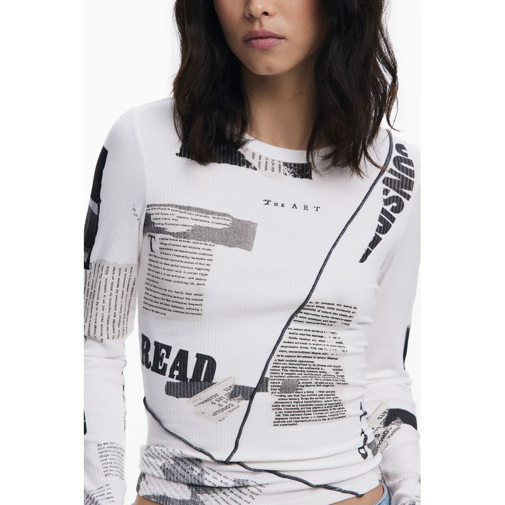 Desigual White Viscose Women T-Shirt with newspaper pattern and iconic logo, perfect for bold fashion statements.