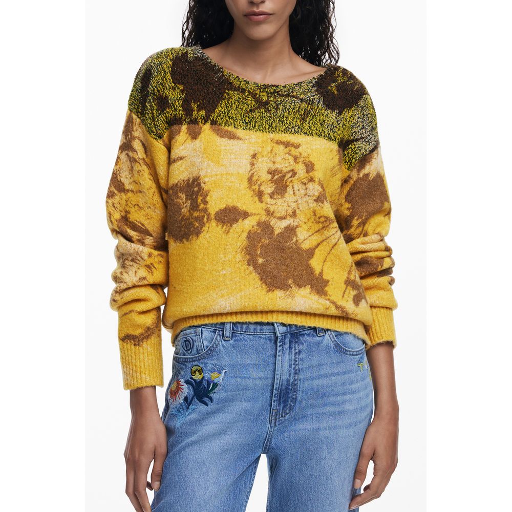 Desigual Yellow Wool Women Sweater with floral patterns, highlighting vibrant style and warmth, crafted with a crew neck and Desigual logo.