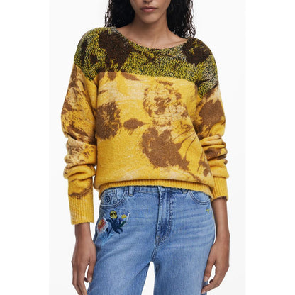 Desigual Yellow Wool Women Sweater with floral patterns, highlighting vibrant style and warmth, crafted with a crew neck and Desigual logo.