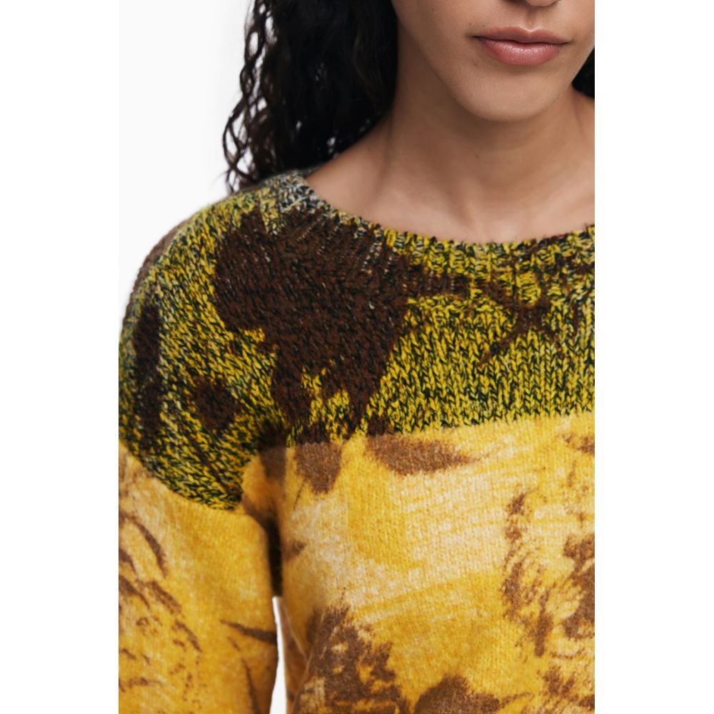 Close-up of Desigual Yellow Wool Women Sweater with intricate design and vibrant colors, showcasing crew neck and signature logo.