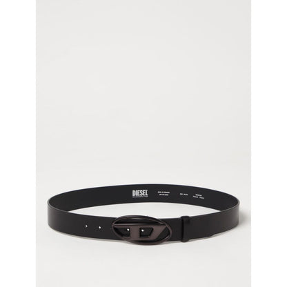Diesel Black Leather Regular Belt with metal logo buckle, ideal for everyday wear, adds sophistication.