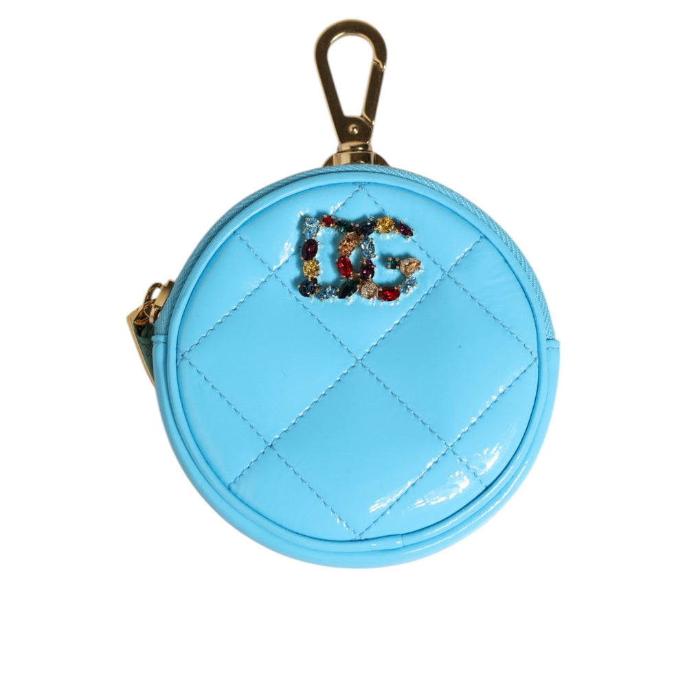 Dolce & Gabbana Azure Blue Leather Round Coin Purse Keychain Crystal Logo Wallet