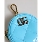 Dolce & Gabbana Azure Blue Leather Round Coin Purse Keychain Crystal Logo Wallet