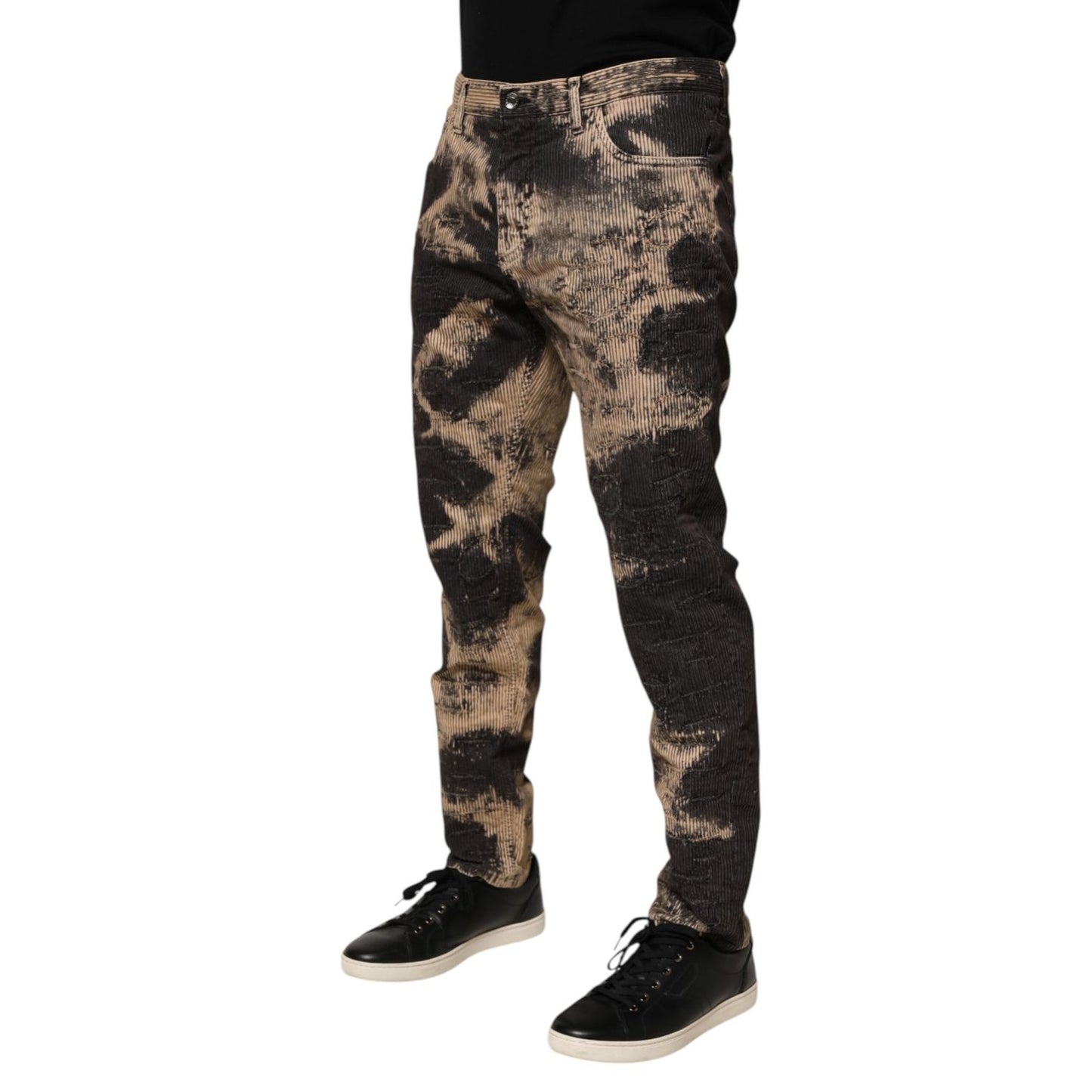 Dolce & Gabbana Beige Black Corduroy Tie-Dye Cotton Blend Pants