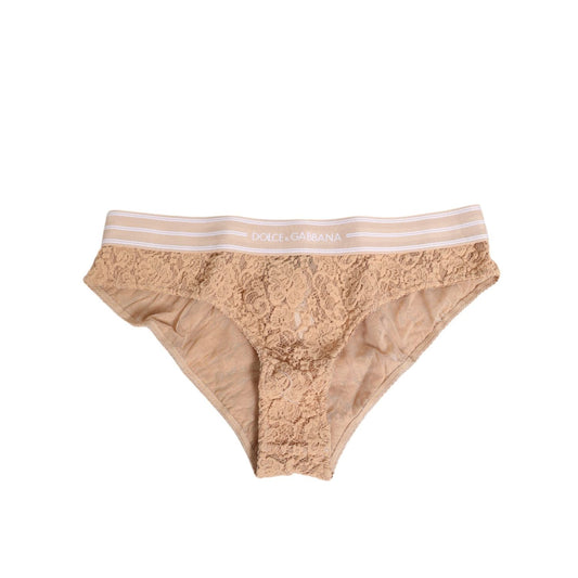 Dolce & Gabbana Beige Lace Brasiliano Briefs Logo Waistband Underwear with floral lace and elastic band, made in Italy.