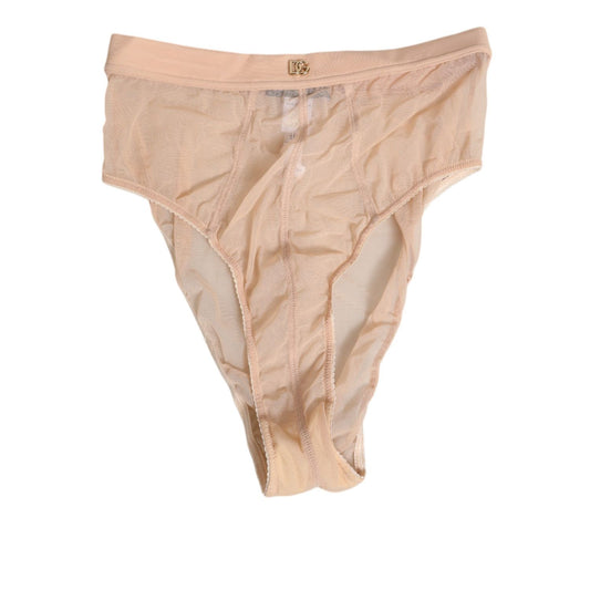 Dolce & Gabbana Beige Sheer Mesh High Waist Panty Underwear with DG logo detail, elegant and comfortable design for everyday wear.