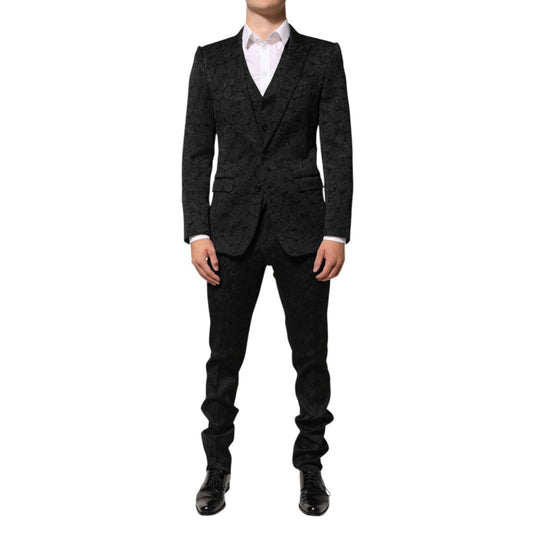 Dolce & Gabbana Black 3 Piece Brocade Jacquard Suit MARTINI featuring a floral pattern, ideal for weddings and high-end events.