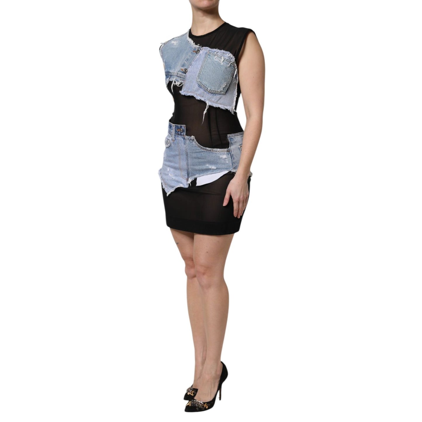 Dolce & Gabbana Black Blue Sleeveless Denim Mini Dress