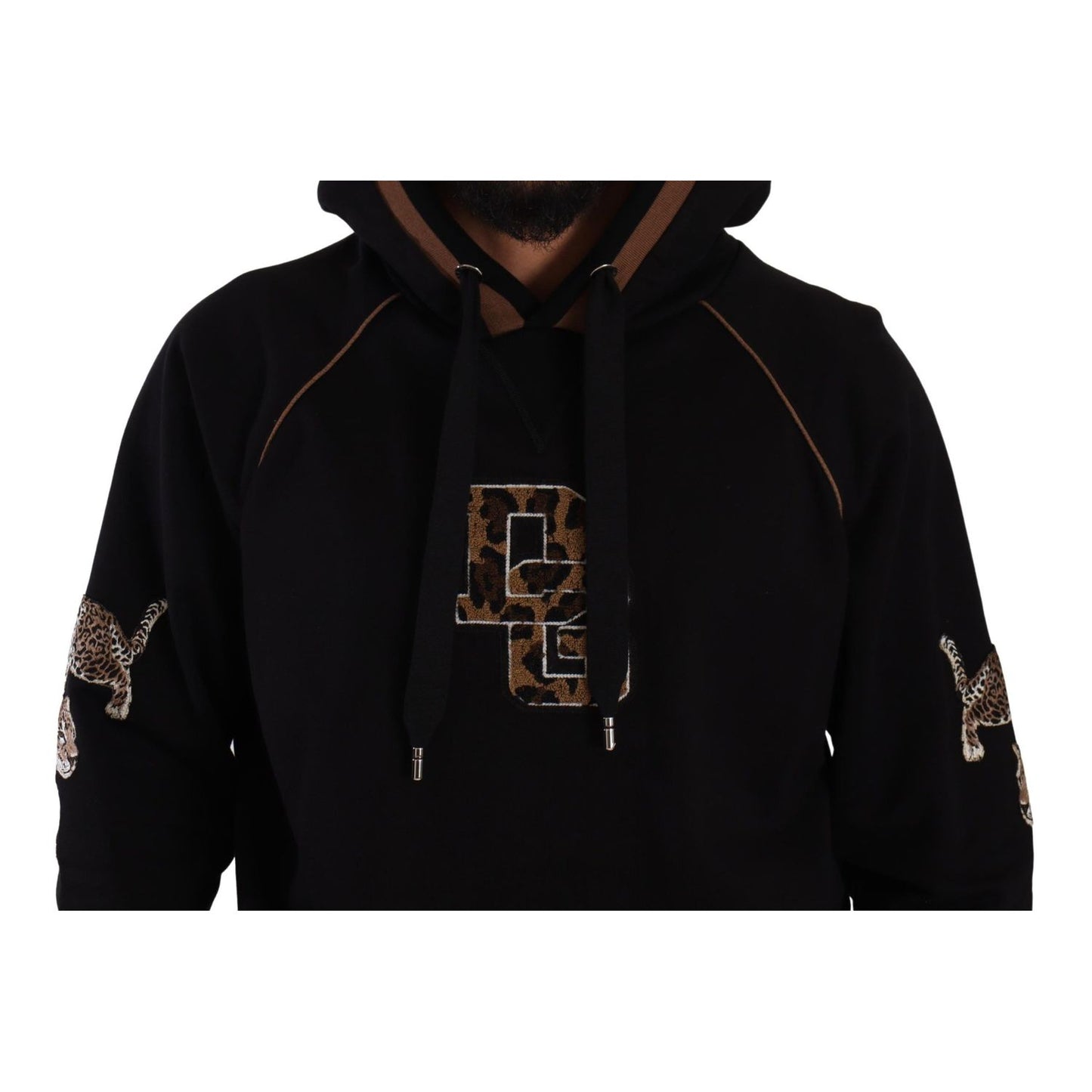 Dolce & Gabbana Black Brown Leopard Cotton Hooded Pullover Sweater