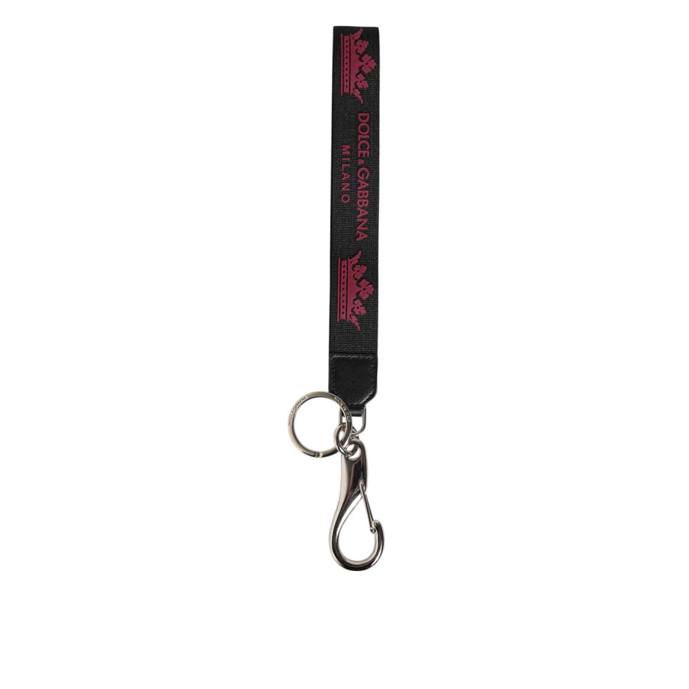Dolce & Gabbana Black Burgundy Nylon DG Logo Crown Holder Keychain Keyring with silver-tone hardware and iconic crown emblem.