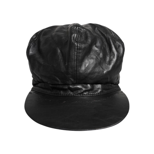 Dolce & Gabbana Black Calf Newsboy Capello Cabbie Hat in leather with logo details, minor scratches visible on the back.