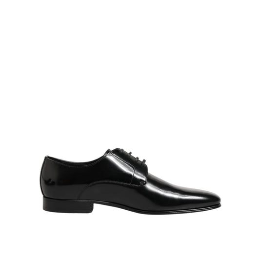 Dolce & Gabbana Black Calfskin Leather Derby Men Dress Shoes, classic lace-up style, crafted from smooth leather for formal wear.