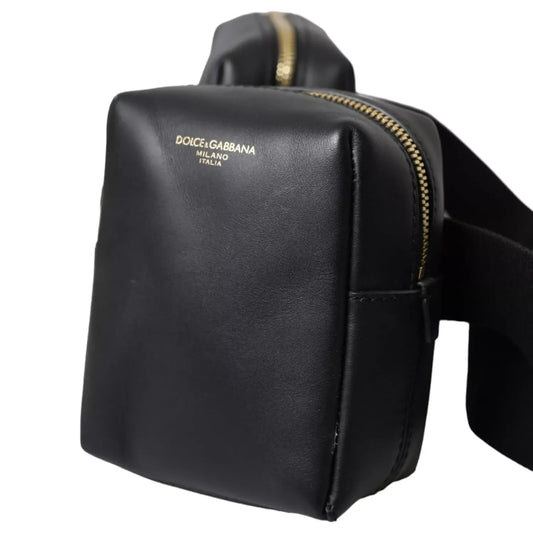 Dolce & Gabbana Black Calfskin Leather Double Waist Belt Fanny Pack Bag with gold detailing and zipper closure