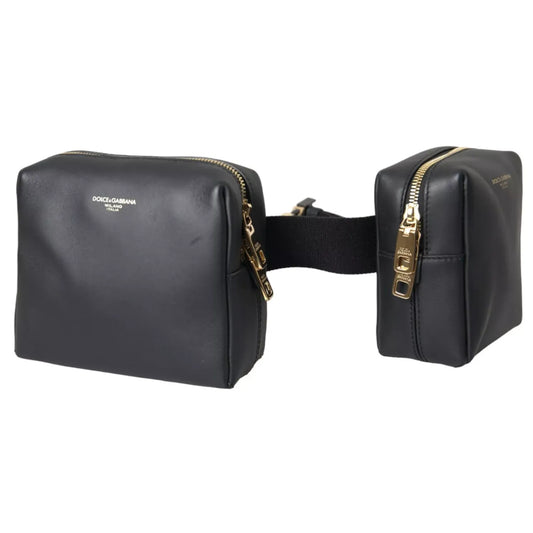 Dolce & Gabbana Black Calfskin Leather Double Waist Belt Fanny Pack Bag with gold zippers and logo details