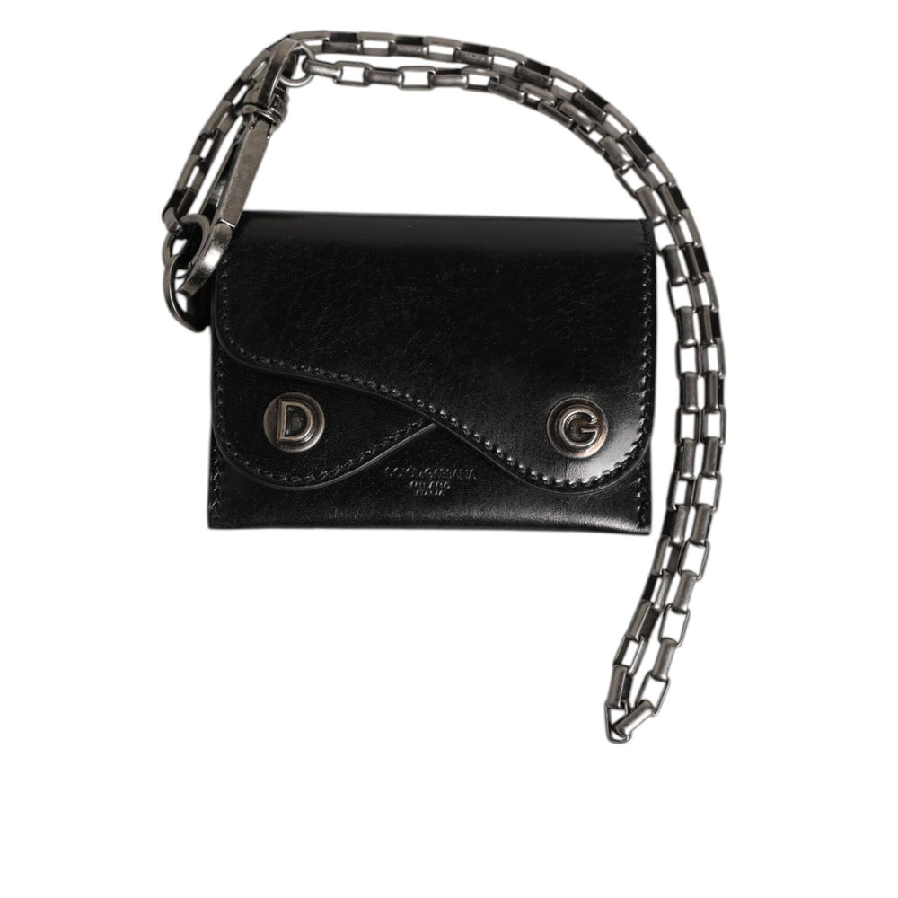 Dolce & Gabbana Black Cavallo Leather Wallet Chain Snap Bifold Card Holder with silver-tone chain and DG monogram hardware.