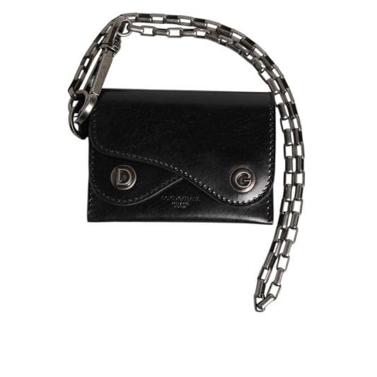 Dolce & Gabbana Black Cavallo Leather Wallet Chain Snap Bifold Card Holder SMY11295