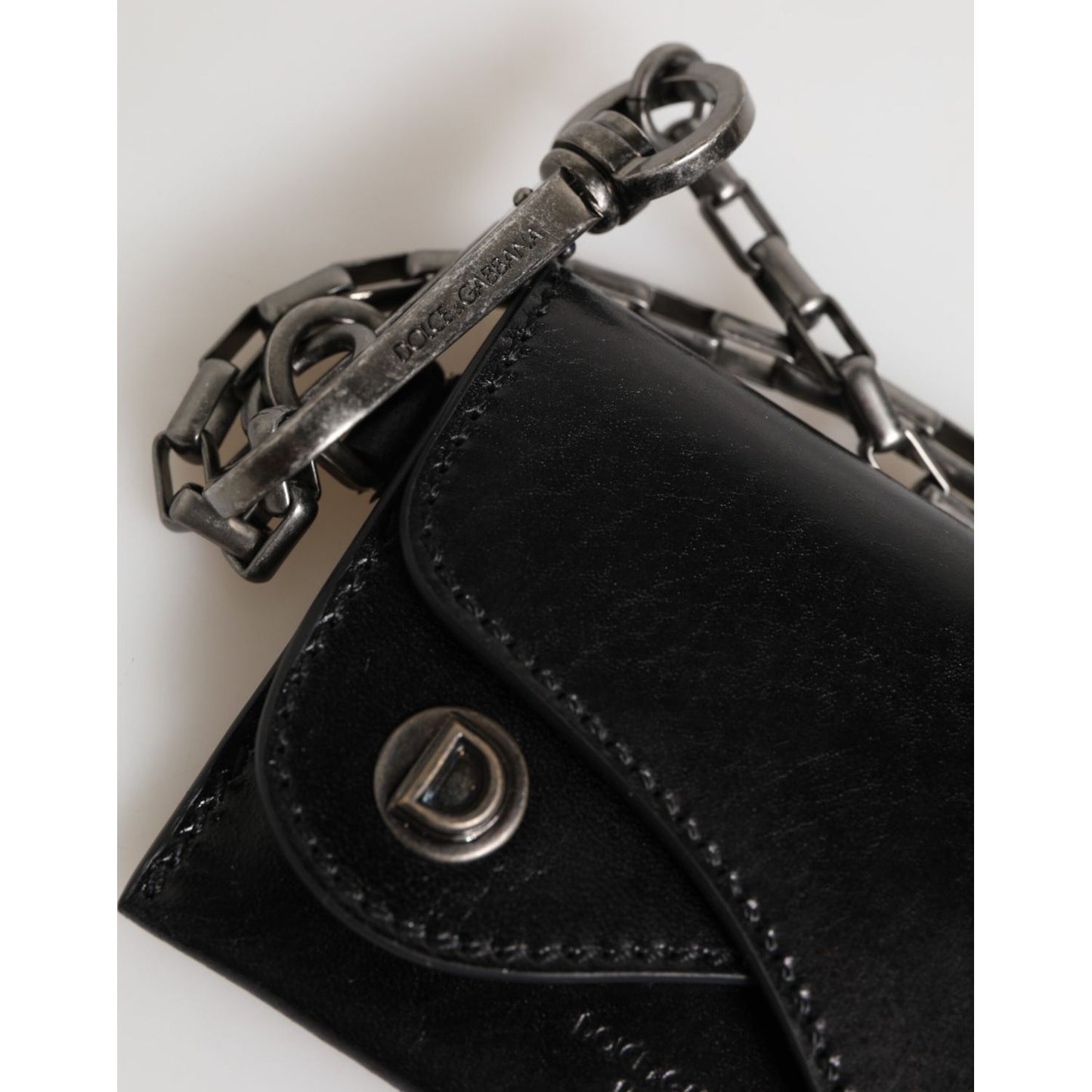 Dolce & Gabbana Black Cavallo Leather Wallet Chain Snap Bifold Card Holder with DG monogram and silver-tone chain