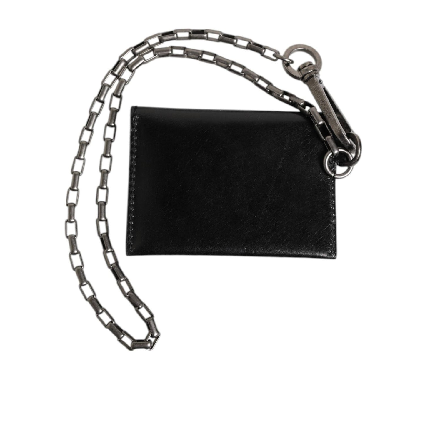Dolce & Gabbana Black Cavallo Leather Wallet Chain Snap Bifold Card Holder displayed on a white background.
